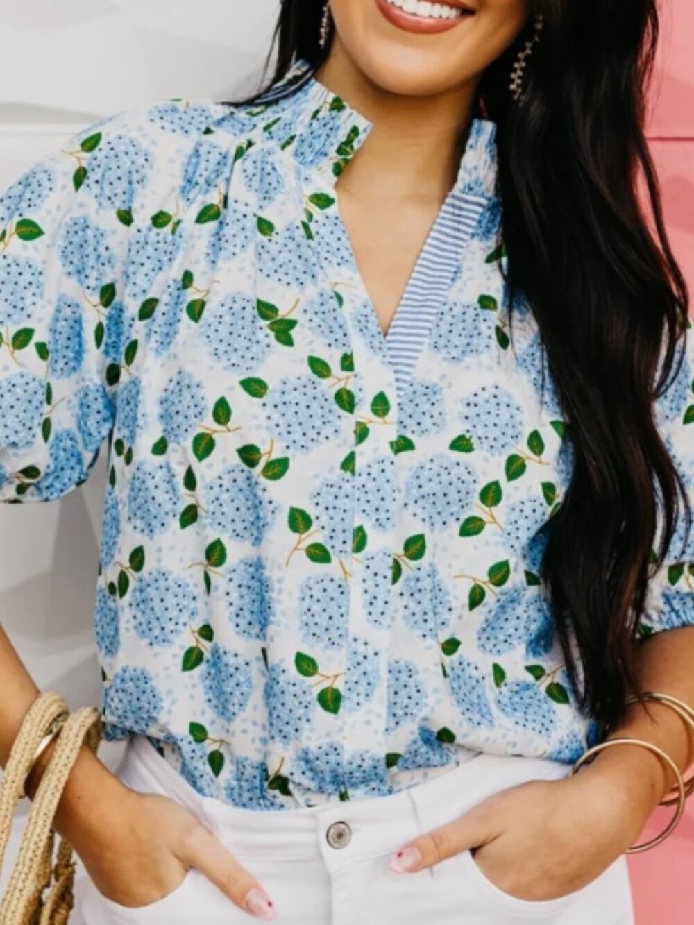 NWT THML Women's Blue Floral Puff Sleeve Blouse Ruffle Split Neck Top - Medium